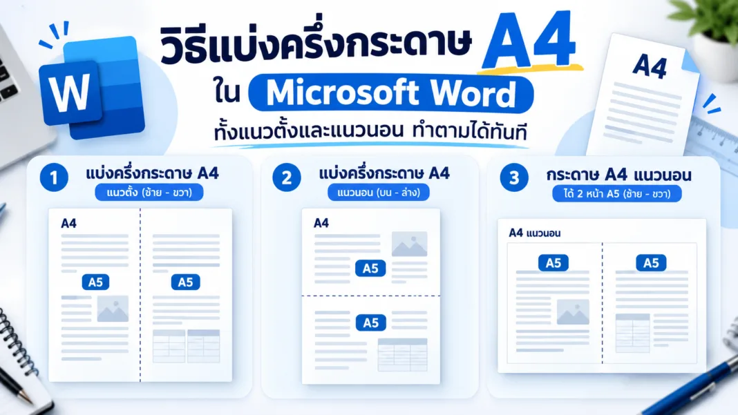 วิธีแบ่งครึ่งกระดาษ A4 ใน Word