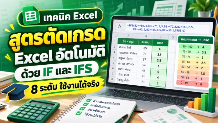 สูตรตัดเกรด Excel อัตโนมัติ 8 ระดับ ด้วย IF และ IFS พร้อมตัวอย่างใช้งานจริง สูตรตัดเกรด Excel อัตโนมัติ 8 ระดับ ด้วย IF และ IFS พร้อมตัวอย่างใช้งานจริง